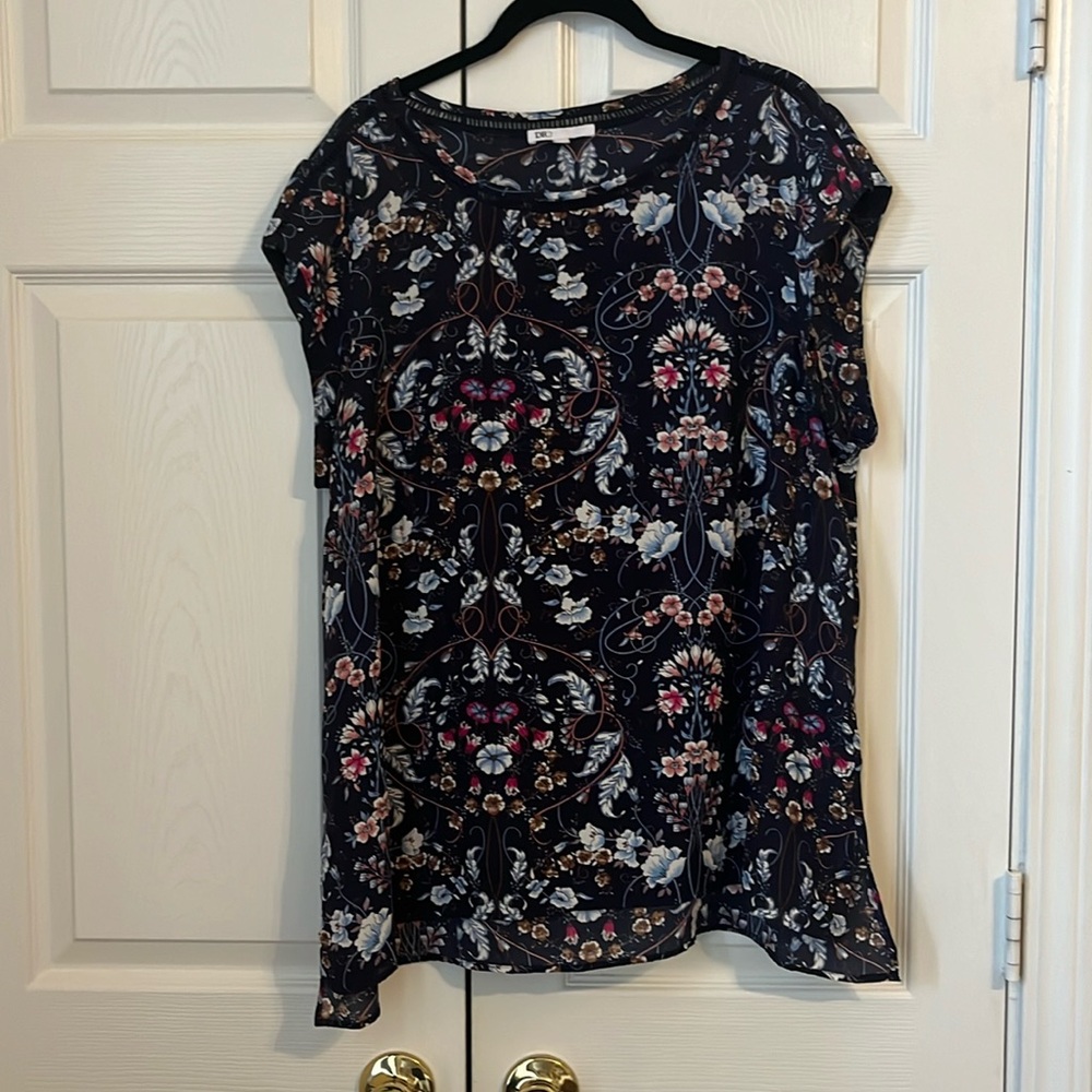 DR2 Navy Blue Floral Print Short Sleeve Shirt Top Small S